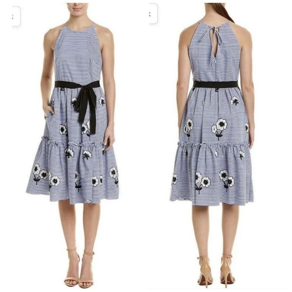 NWT ELIZA J Halter Fit And Flare Striped Floral Embroidered dress